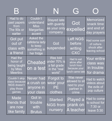 New Guyana School Bingo Card