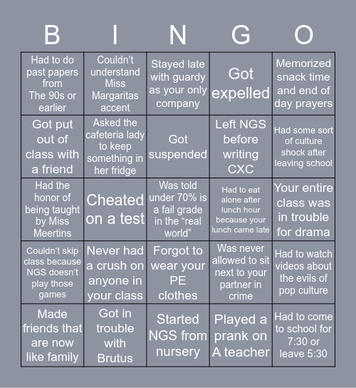 New Guyana School Bingo Card