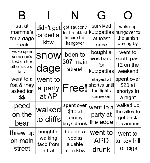 Kutztown Bingo Card