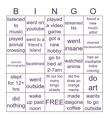 quarantine 2020 Bingo Card