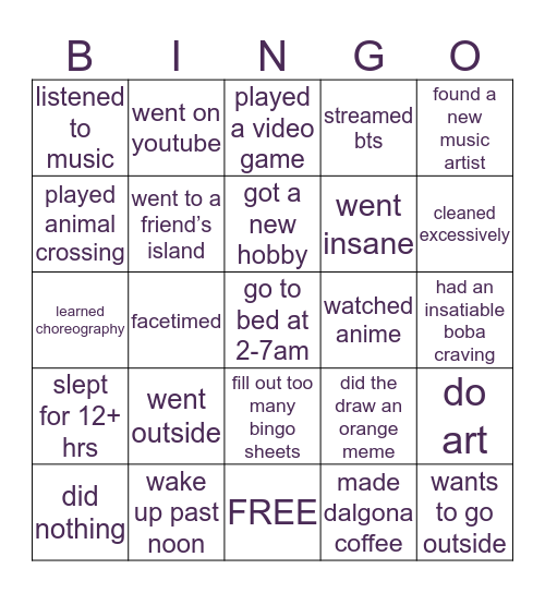 quarantine 2020 Bingo Card