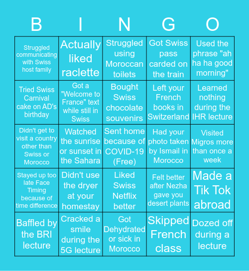 SIT Global Health & Development Policy Bingo Card