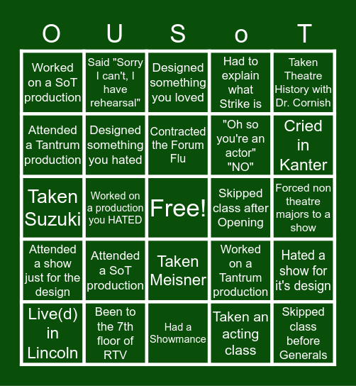 OU School of Theatre Bingo Card