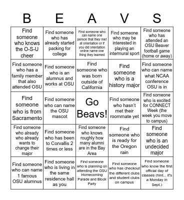 Student Beaver Bingo Card