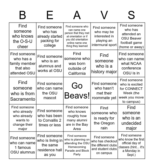 Student Beaver Bingo Card