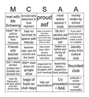 Club life Bingo Card