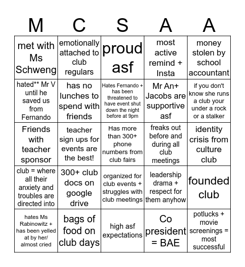 Club life Bingo Card