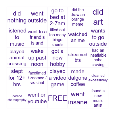 locked up in the house 2020 Bingo Card