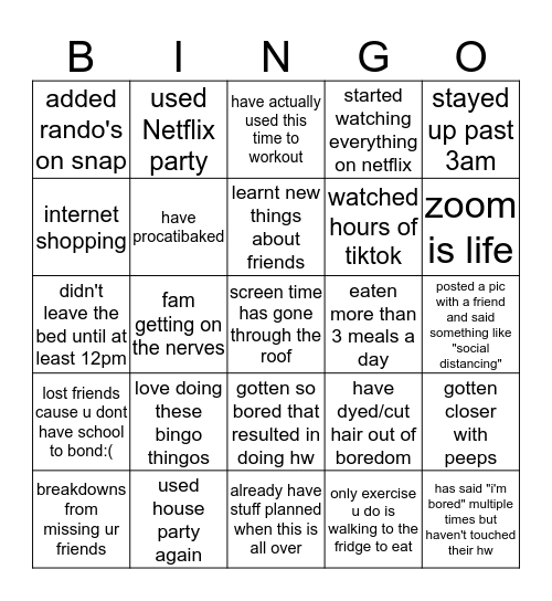 quarantine bingo Card