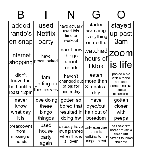 quarantine bingo Card