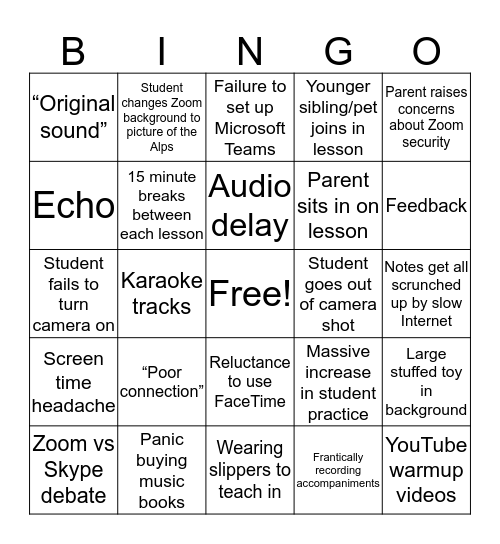 Online Music Lesson Bingo Card