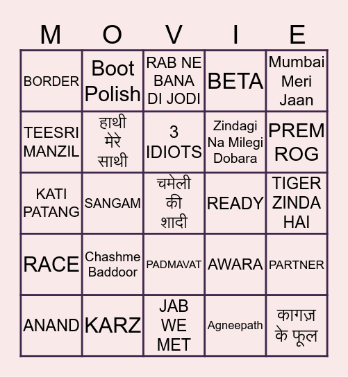 BOLLYWOOD BINGO Card