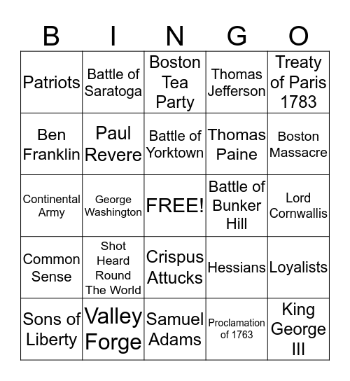 American Revolution Review Bingo Card