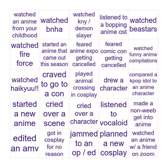 anime quarantine 2020 Bingo Card