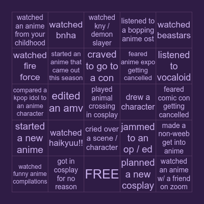 anime quarantine 2020 Bingo Card