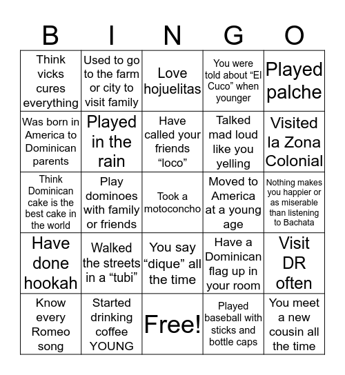 Dominican Bingo Card