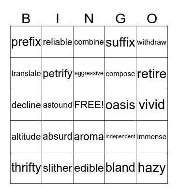 Vocabulary Builder Bingo Card