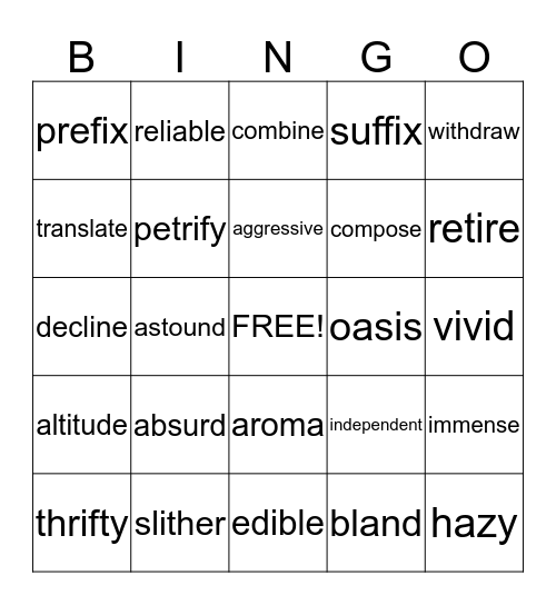 Vocabulary Builder Bingo Card