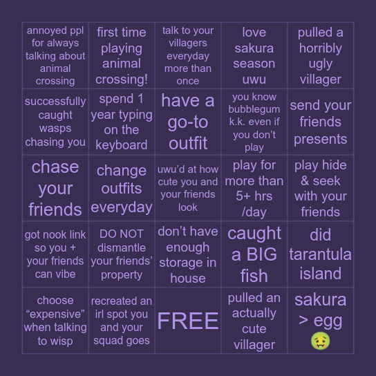 animal crossing saved 2020 Bingo Card