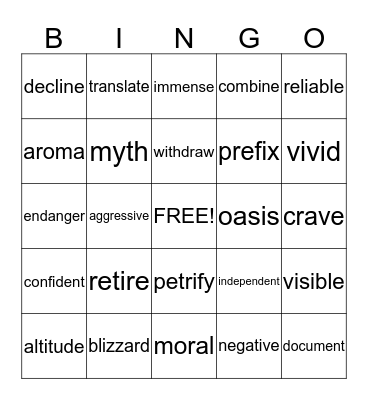 Vocabulary Builder Bingo Card