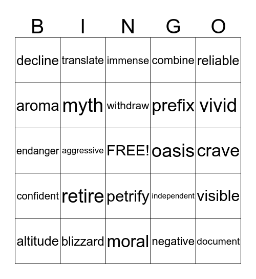 Vocabulary Builder Bingo Card