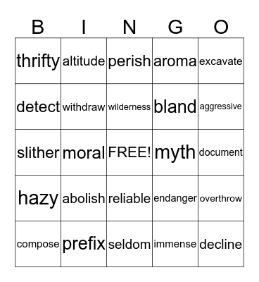 Vocabulary Builder Bingo Card