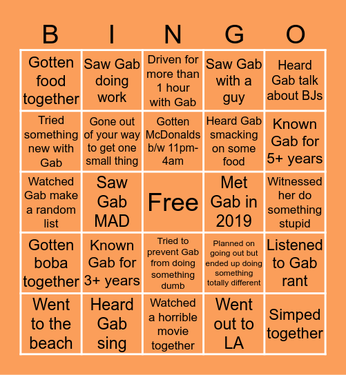 GAB’S QUARANTINE BINGO Card