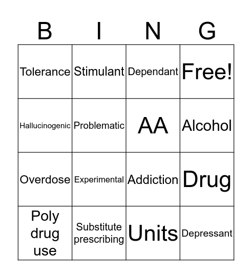 Substance Abuse and Misuse Bingo Card