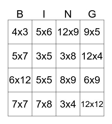 Multiplication Bingo Card