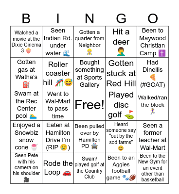 Hamilton, AL Bingo Card