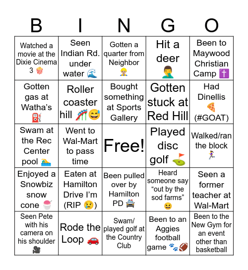Hamilton, AL Bingo Card