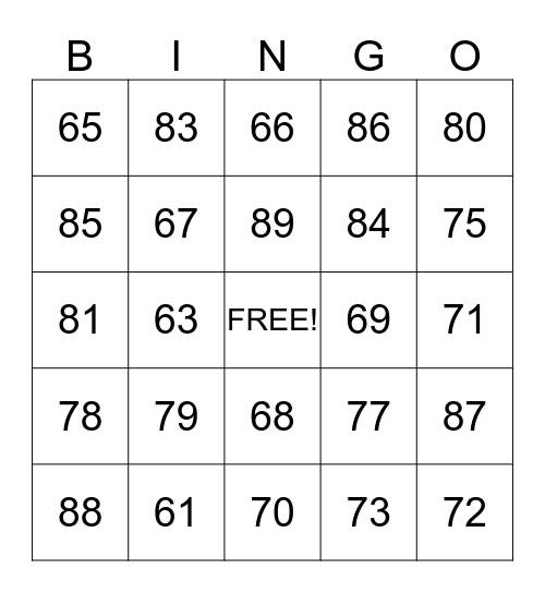 Mrs. Ayala's Bingo Card Numbers 60 to 80 Bingo Card