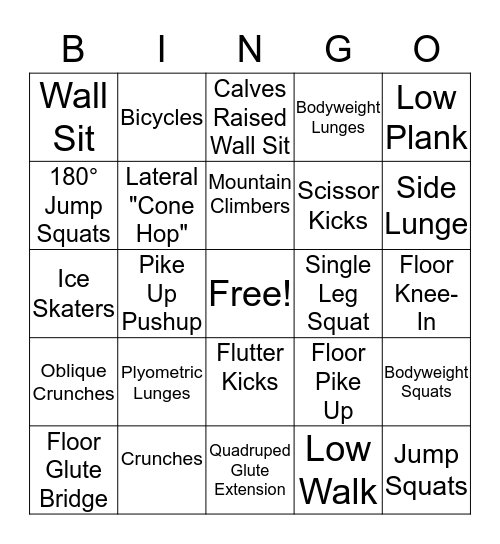 Weekday Warriors Fitness Bingo Card