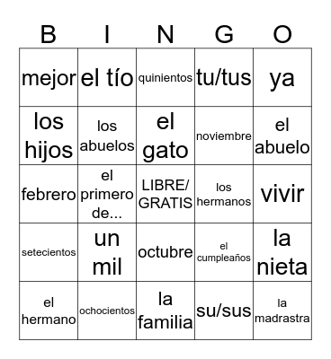 Mi Familia (Unidad 3 Lección 2) Bingo Card