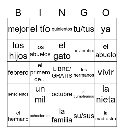 Mi Familia (Unidad 3 Lección 2) Bingo Card