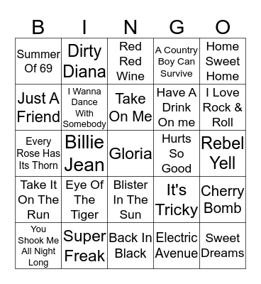 1980's Hits Bingo Card