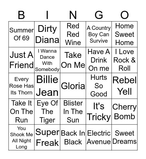 1980's Hits Bingo Card