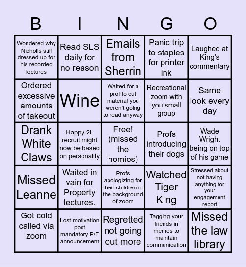 WESTERN 1L QUARANTINE BINGO Card
