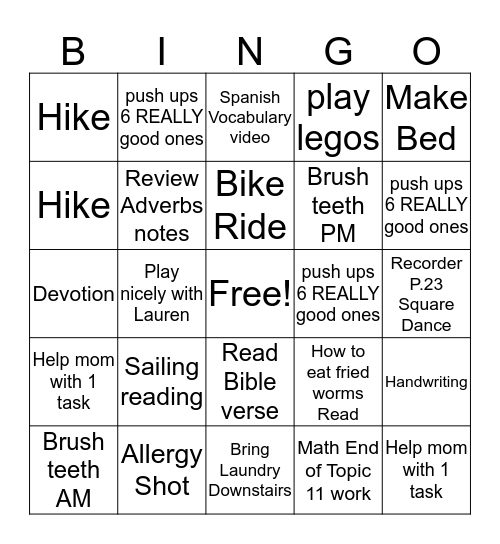 Monday Bingo Card