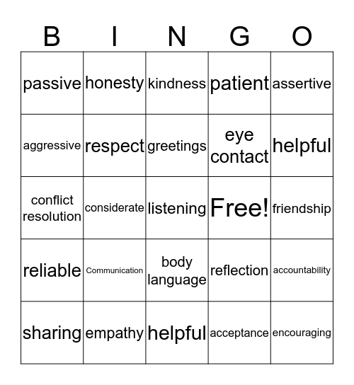 Social Skills Bingo Card