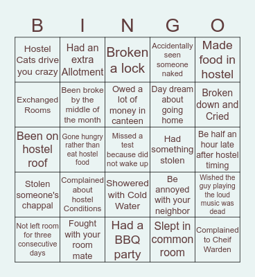 Hostelite Bingo Card