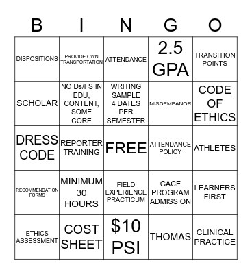 EDU 2900 Bingo Card