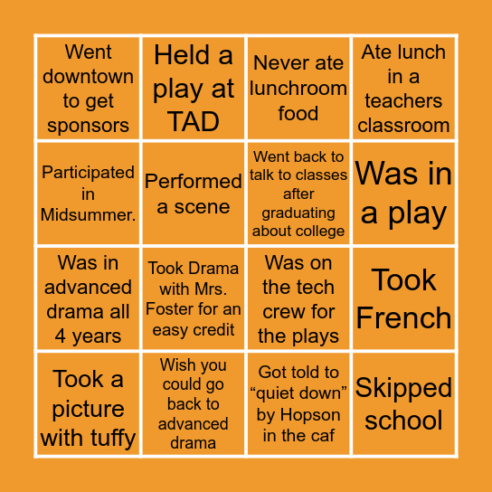 Betsy Drama Alumni Bingo Card