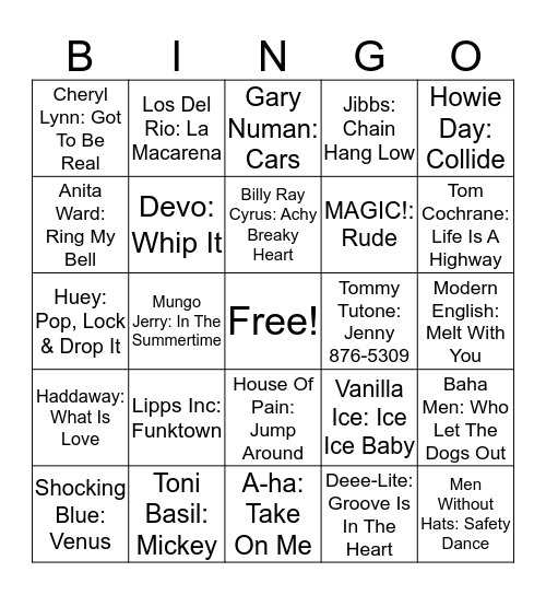 Music Bingo - One Hit Wonders Bingo Card