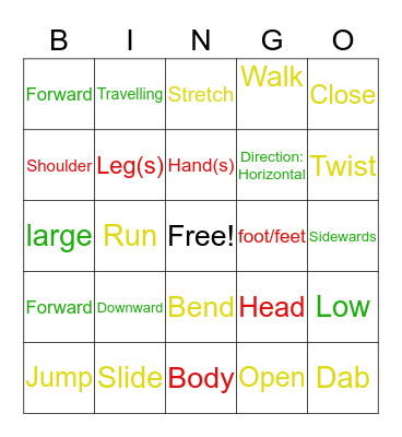 Grade 6-7: Body, Action, Space BINGO Card