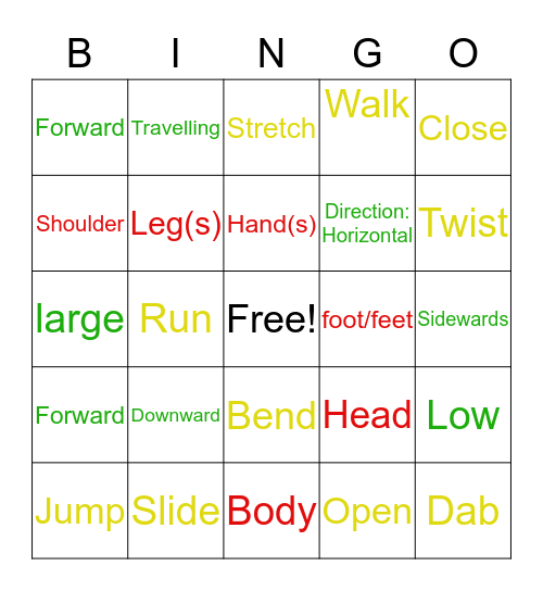 Grade 6-7: Body, Action, Space BINGO Card