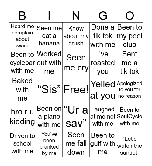 Caroline’s Bingo Card