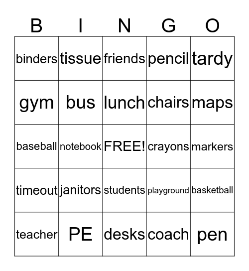 School Bingo Card