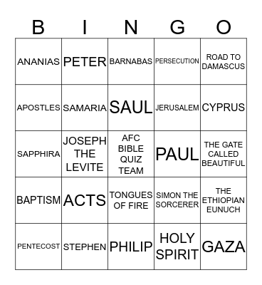 BIBLE QUIZZING IN ACTS Bingo Card