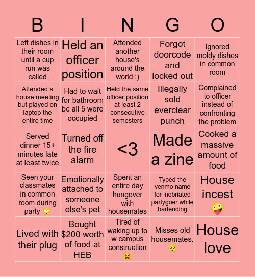 CO-OP Bingo Card